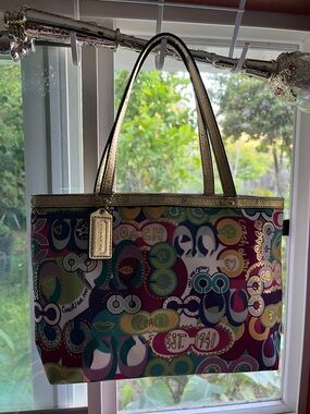 Coach Multicolor Signature Print Tote with Gold Trim and Black Handles